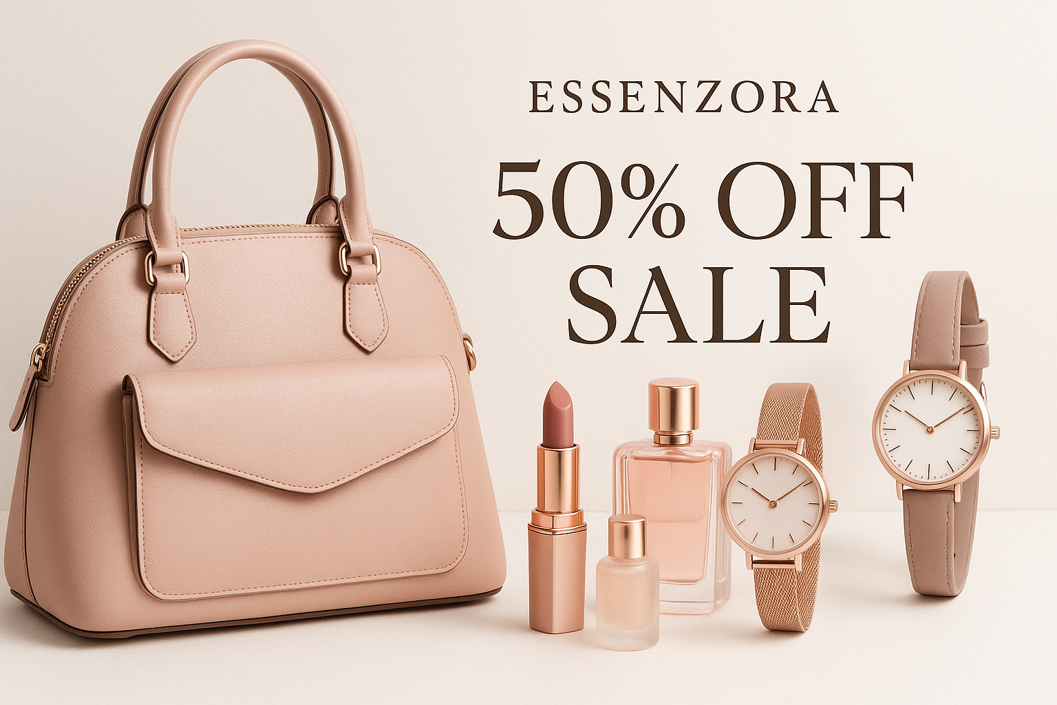 mujhy 50% sale ka banner bana kr do us mein mery store ki products bhi show ho rahi hon products jesy womens bag, beauty or watches or banner jo hai wo store ki color theme ky mutabik bna kr dena decent color hon or dekhny mein bhi pyara lagy 